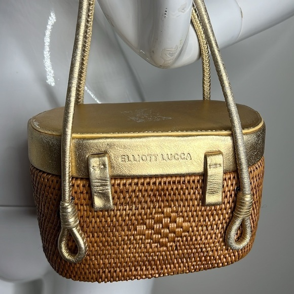 Elliot Lucca Tightly Woven Straw and Gold Leather Small Structured Basket Bag - Picture 2 of 10